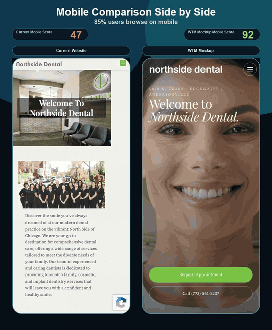 Animated mobile comparison: current Northside website versus WTM mockup